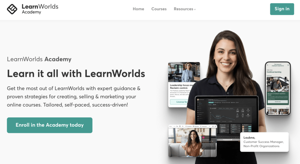 Screenshot of the LearnWorlds Academy homepage, with the tagline 'Learn it all with LearnWorlds' and a call to action to enroll in the academy