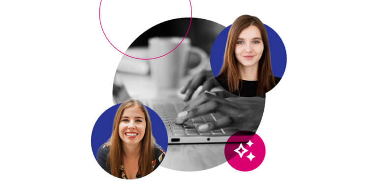 Featured image showing a black & white image in the center & Margarita Loktionova, Content Marketing Lead at Semrush, and Maddy Osman, Content Operations Consultant and the Founder of The Blogsmith around it.