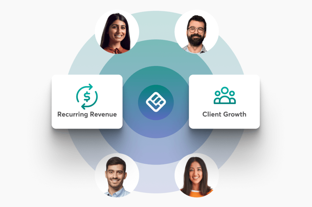LearnWorlds Partner Program illustration showing recurring revenue and client growth