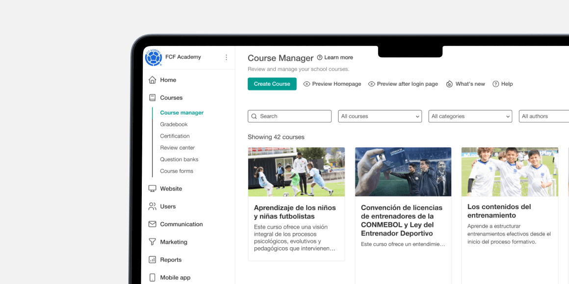 FCF Academy's course management backend, run by a single administrator