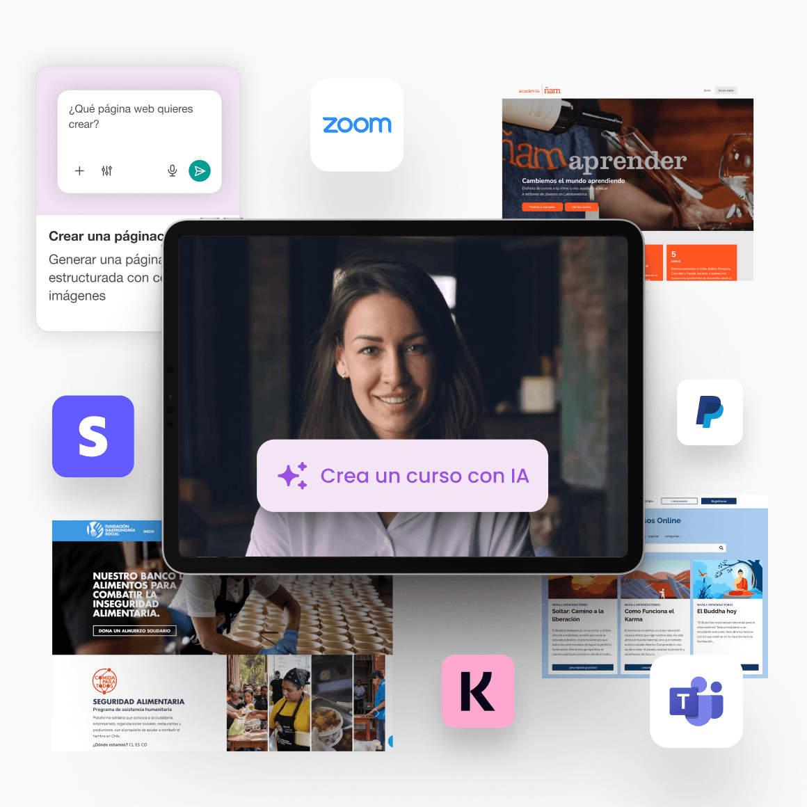 Collage de academias creadas con LearnWorlds, con el asistente de IA y logos de integraciones como Zoom, Stripe, PayPal y Teams.