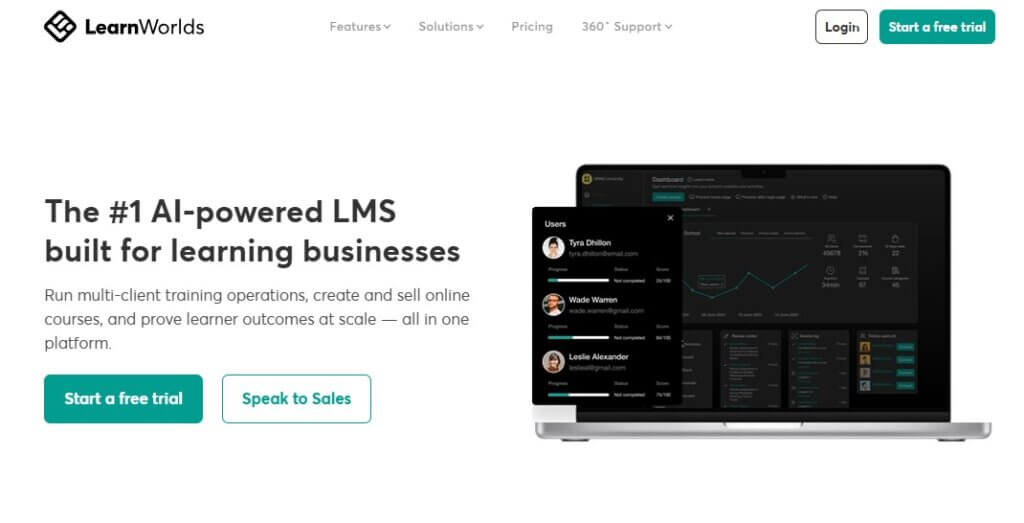 A screenshot showing LearnWorlds' website.