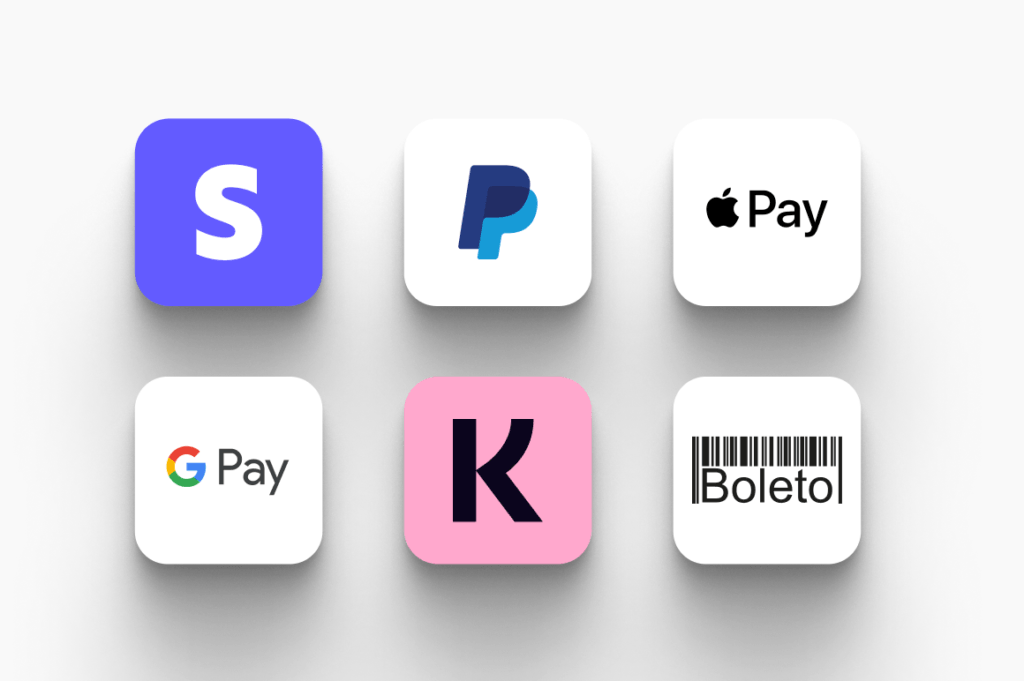 Métodos de pago disponibles en LearnWorlds: Stripe, PayPal, Apple Pay, Google Pay, Klarna y Boleto Bancario.