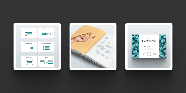 Tipos de pregunta para evaluaciones, un ebook y un certificado creados en LearnWorlds.