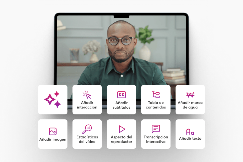 Editor de vídeo interactivo de LearnWorlds con opciones para añadir interacciones, subtítulos, transcripción y marca de agua.