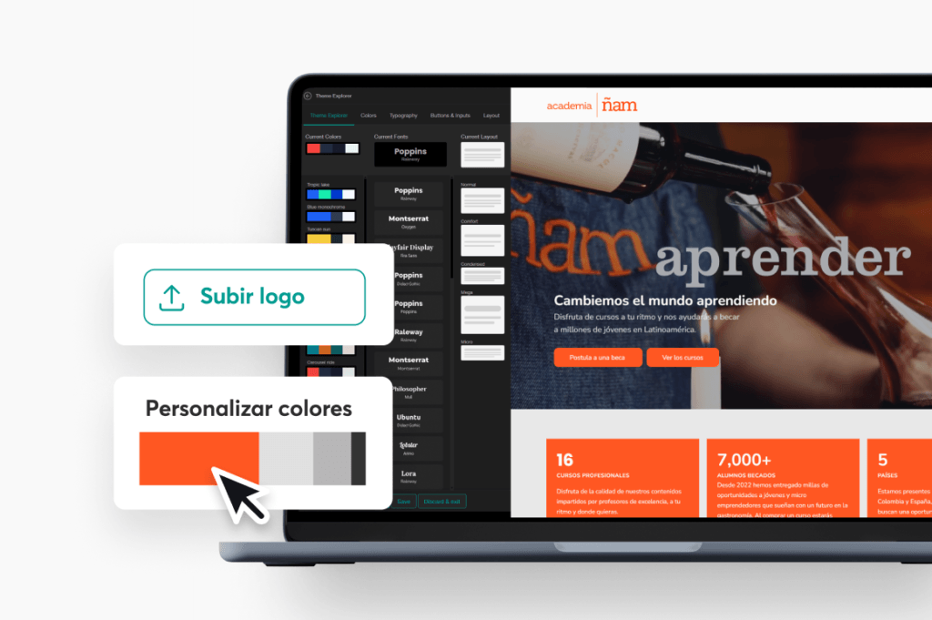 Editor de temas de LearnWorlds con opciones para subir el logo y personalizar colores, fuentes y diseño de la academia.