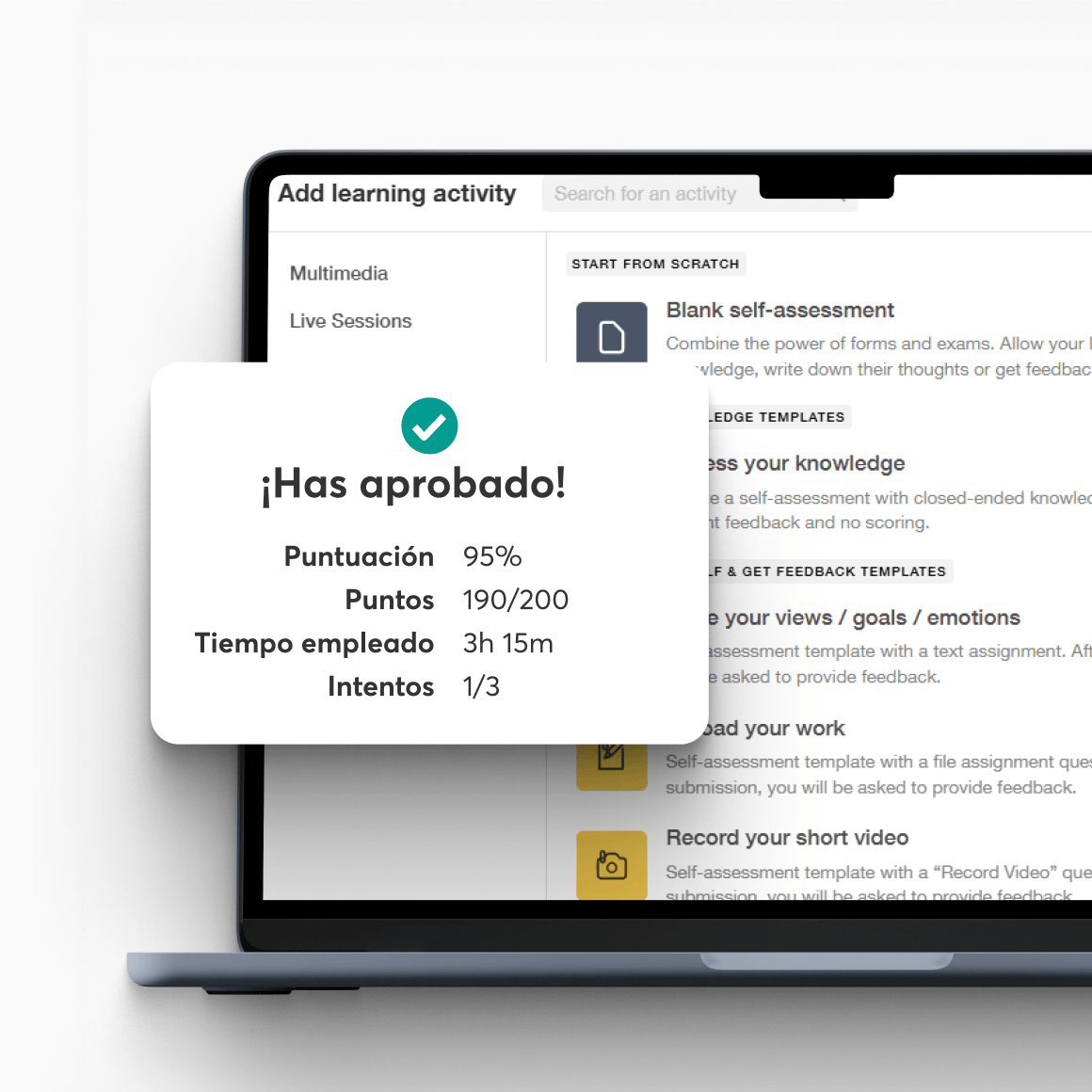 Creación de evaluaciones en LearnWorlds, con el resultado de un alumno: puntuación, puntos, tiempo empleado e intentos.