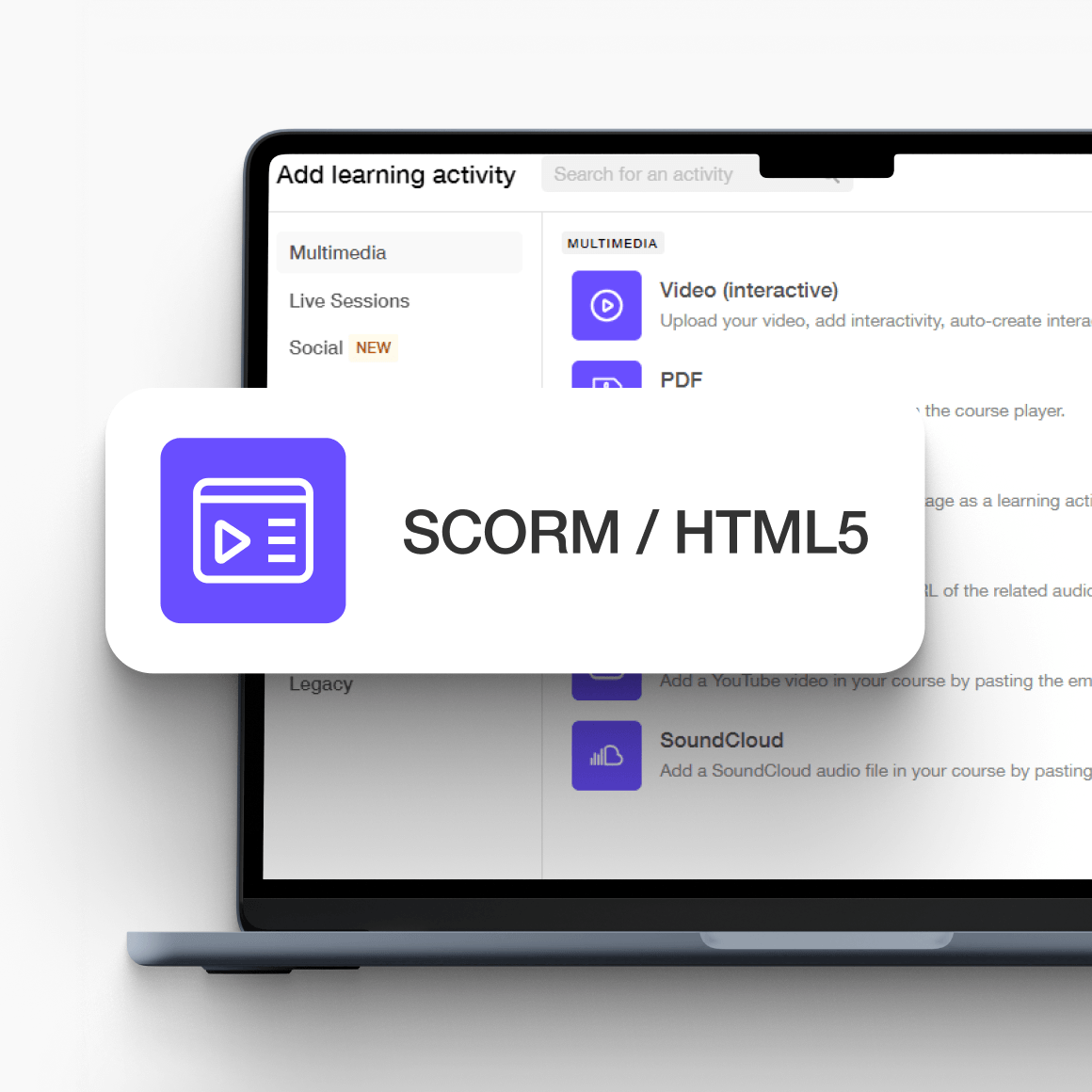 Opción para añadir un paquete SCORM o HTML5 como actividad de aprendizaje en LearnWorlds.