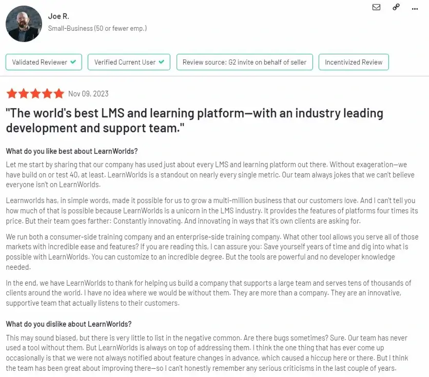 LearnWorlds G2 review