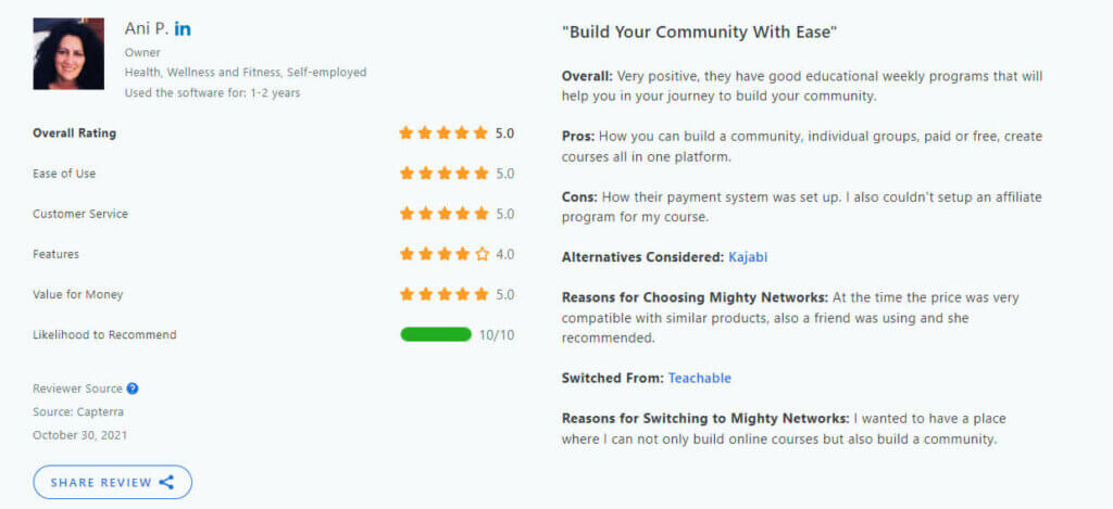 Mighty Networks G2 review screenshot