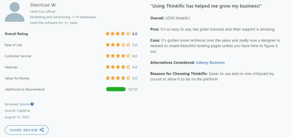 Thinkific Capterra review