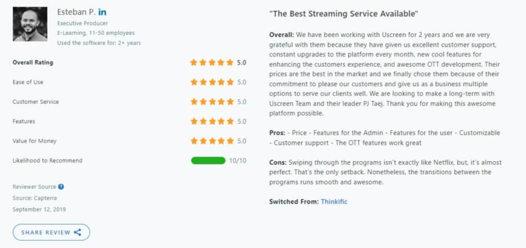 Uscreen Capterra review