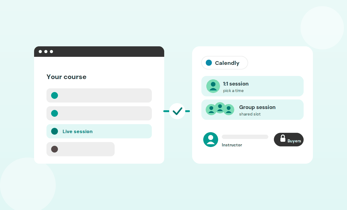 A LearnWorlds live session opening a Calendly panel with 1:1, group, instructor, and buyers-only options