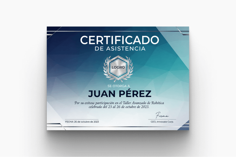 Certificado de asistencia emitido con LearnWorlds tras completar un curso.