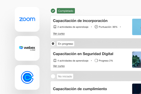 Cursos de formación interna en LearnWorlds con su estado de progreso e integraciones de videoconferencia.