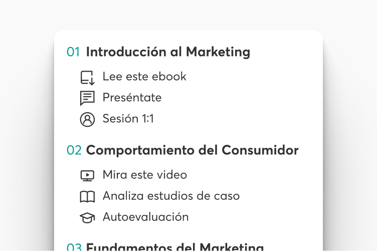 Estructura de un curso en LearnWorlds con sus secciones y actividades de aprendizaje.