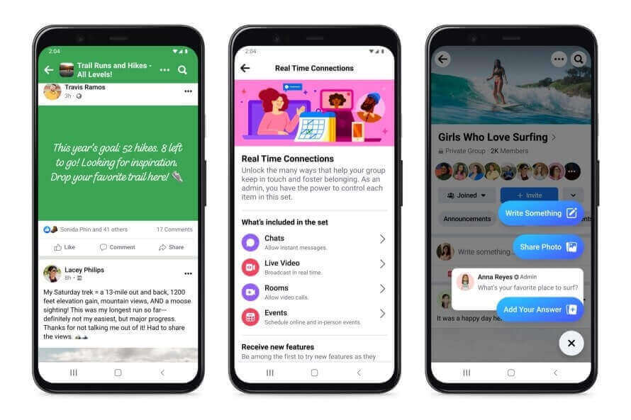 An image showing Facebook Groups on three mobile screens.