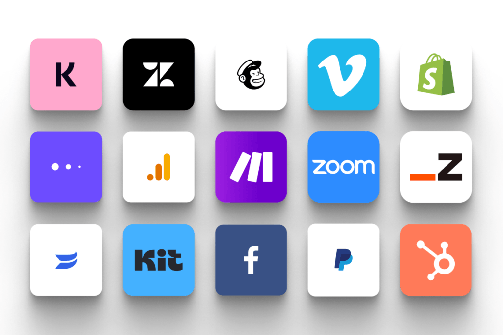 Integraciones disponibles en LearnWorlds, entre ellas Zendesk, Mailchimp, Vimeo, Shopify, Zoom, PayPal y HubSpot.