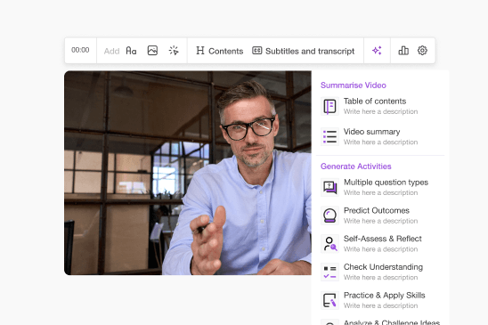 Editor de vídeo interactivo de LearnWorlds con opciones de IA para generar índice, resumen y actividades a partir del vídeo.