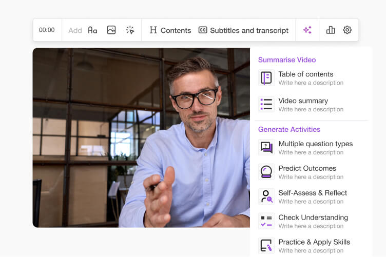 Editor de vídeo interactivo de LearnWorlds con opciones de IA para generar índice, resumen y actividades a partir del vídeo.