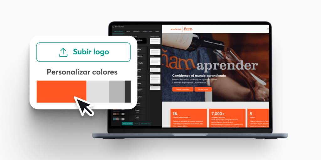 Personalización de Academia Ñam en LearnWorlds: subir logo y elegir colores junto a la web resultante.