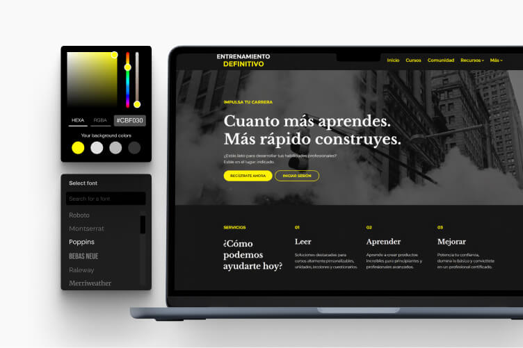Personalización de una academia en LearnWorlds: selector de colores y fuentes junto a la web resultante.