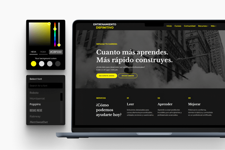 Personalización de una academia en LearnWorlds: selector de colores y de fuentes junto a la web resultante.