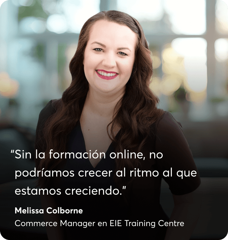 Melissa Colborne, Commerce Manager en EIE Training Centre, sonriendo, con su testimonio sobre LearnWorlds.