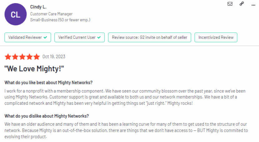 Mighty Networks G2 review screenshot