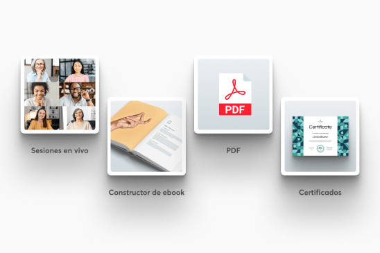 Tipos de contenido en LearnWorlds: sesiones en vivo, ebooks, PDF y certificados.