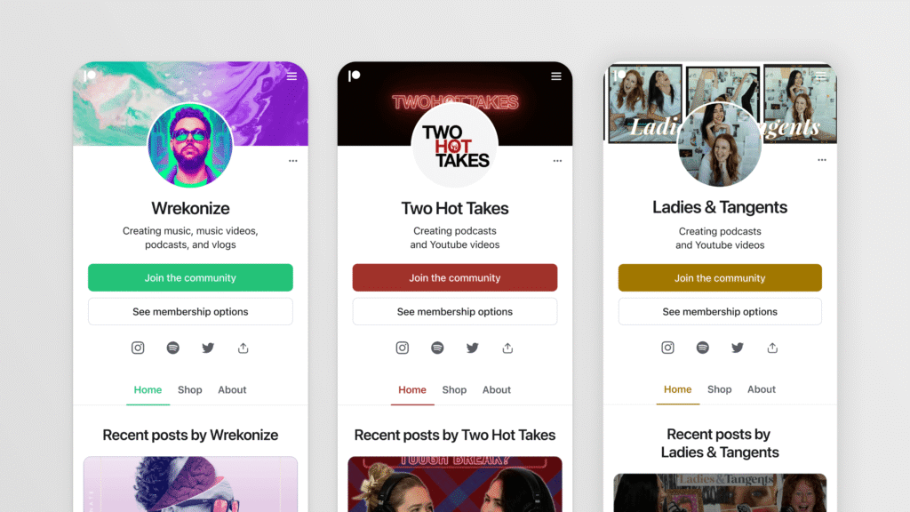 An image showing examples of Patreon communities on three mobile screens.