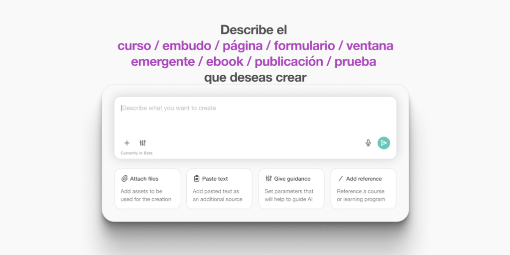 Asistente de IA de LearnWorlds para describir el curso, embudo, página o ebook que quieres crear.