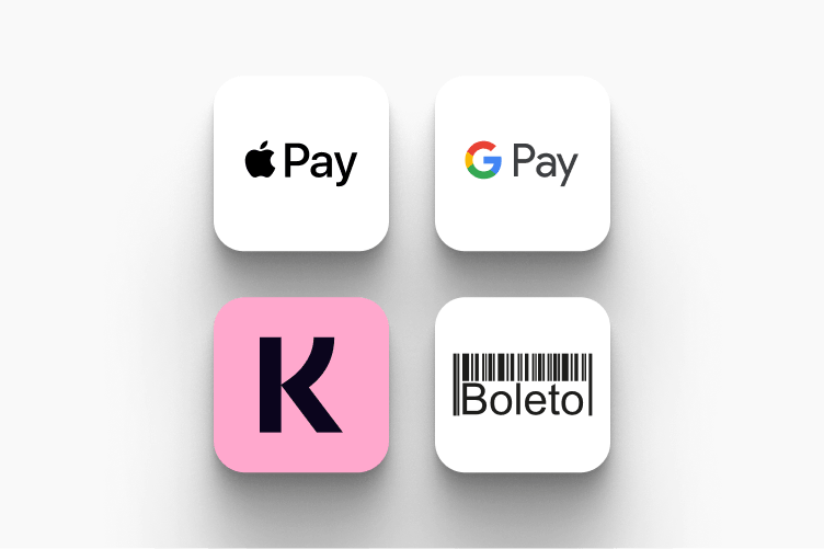Métodos de pago disponibles en LearnWorlds: Apple Pay, Google Pay, Klarna y Boleto Bancario.