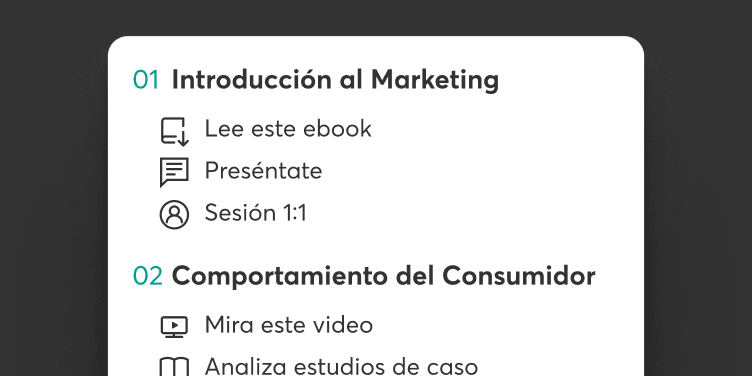 Estructura de un curso en LearnWorlds con sus secciones y actividades de aprendizaje.