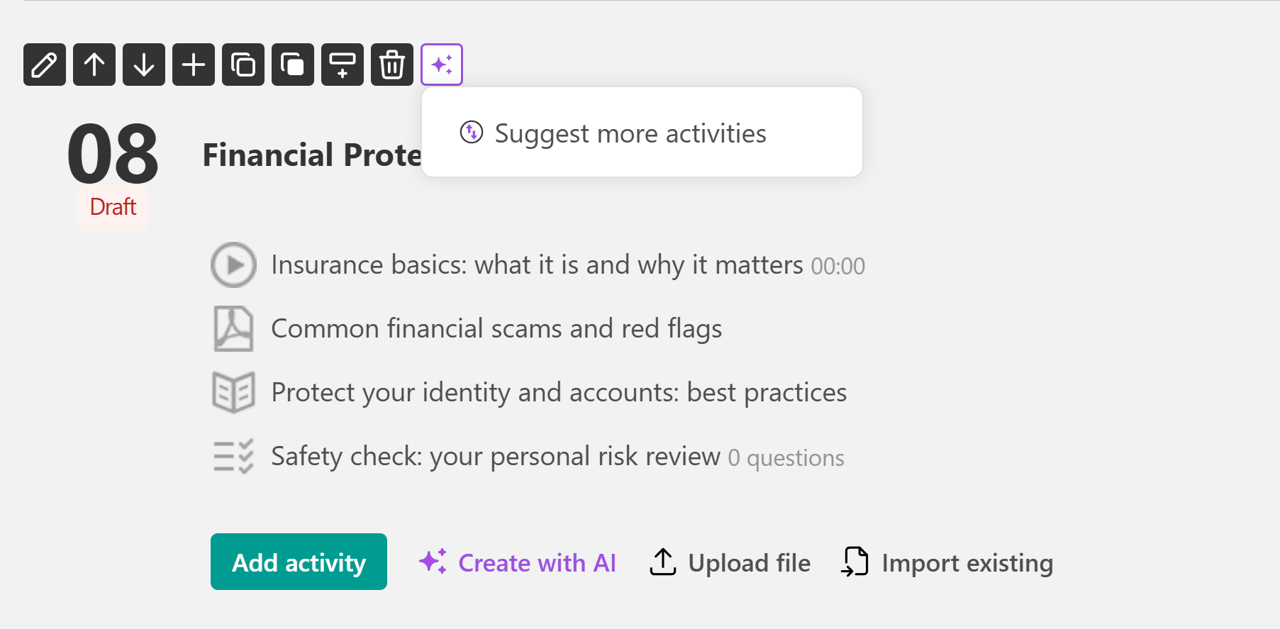 A screenshot showing a course example outline and AI suggestions inside LearnWorlds.