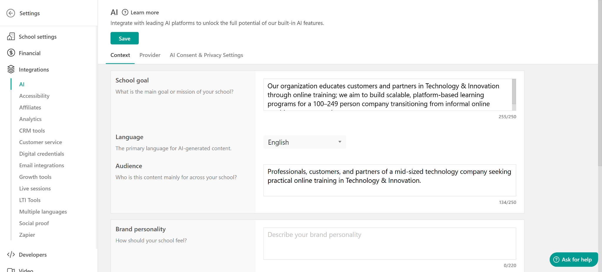 A screenshot showing the AI settings inside LearnWorlds platform.