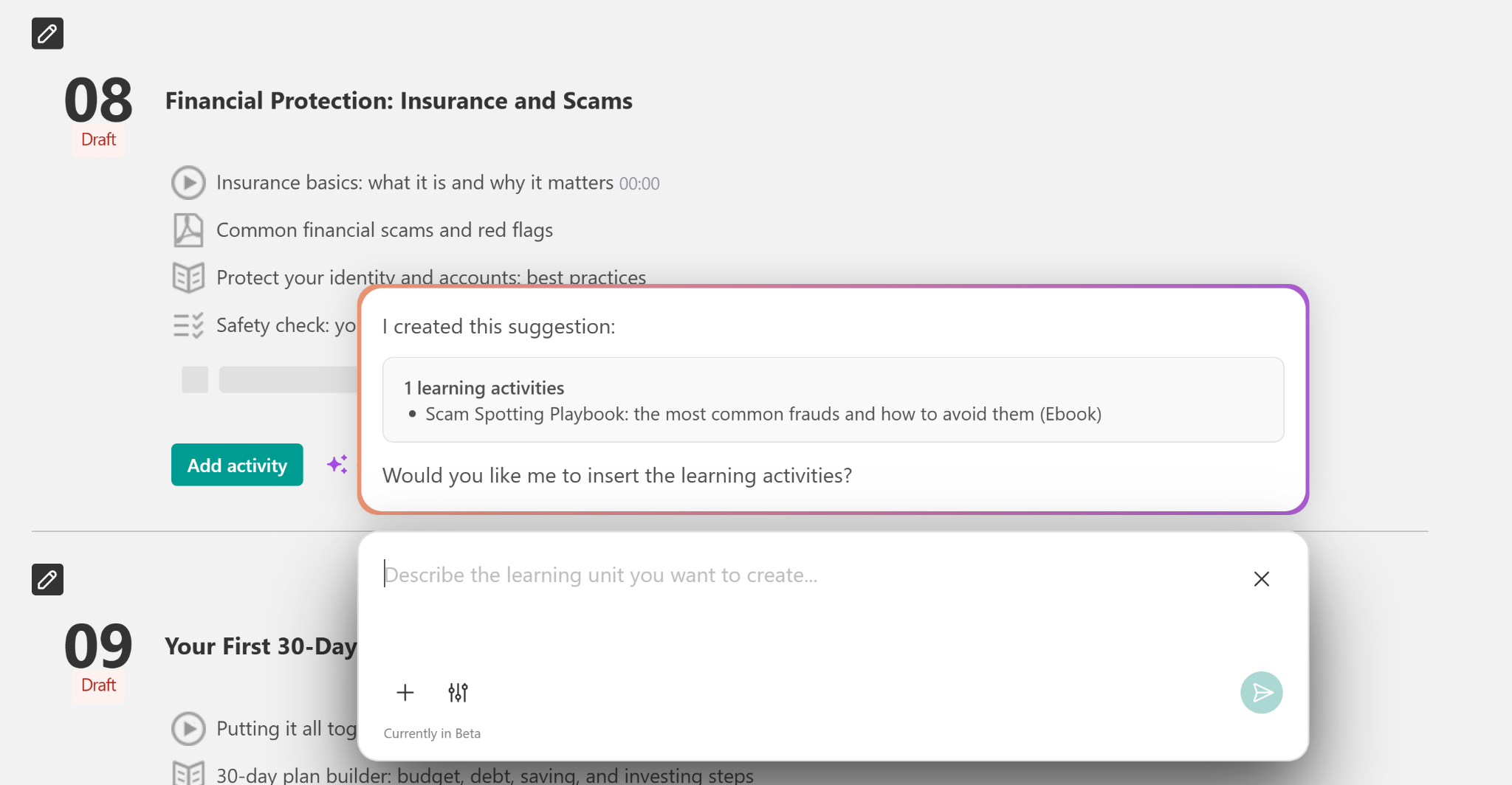 A screenshot showing an AI suggestion on a learning activity for a financial course inside LearnWorlds platform.