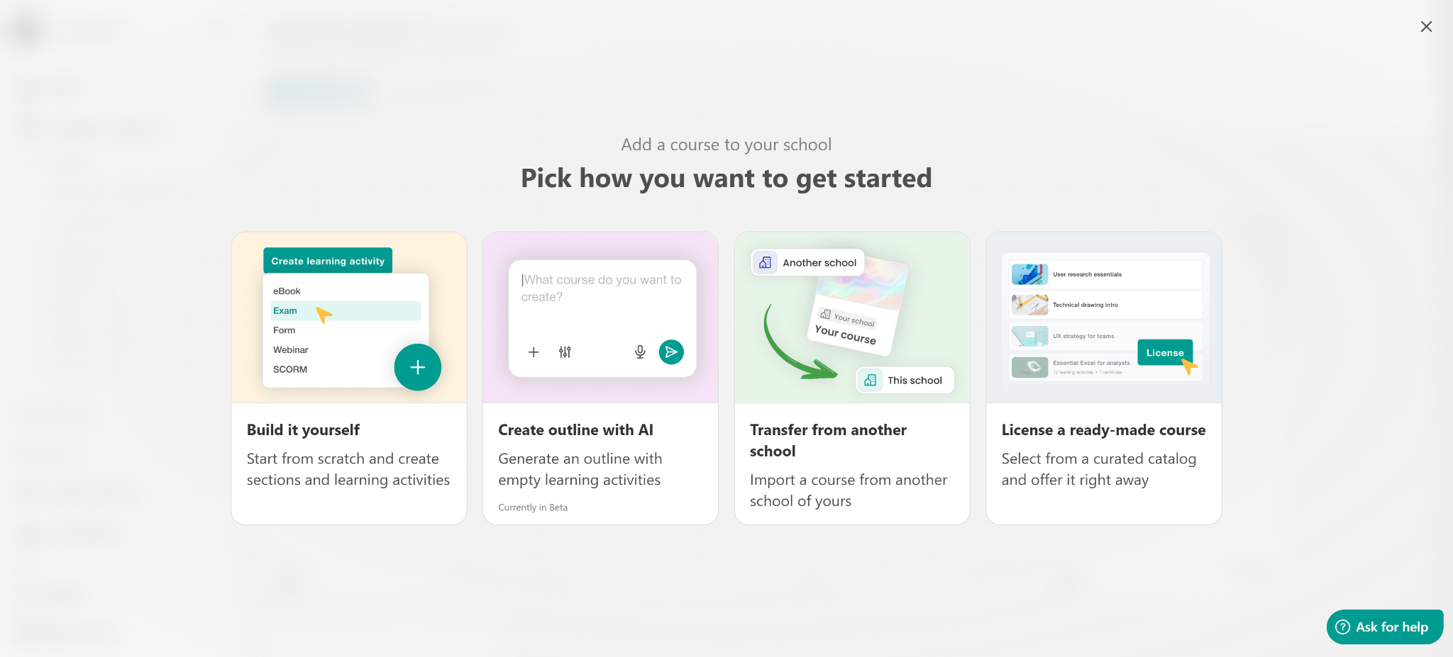 A screenshot showing the how to get started course wizard inside LearnWorlds platform.