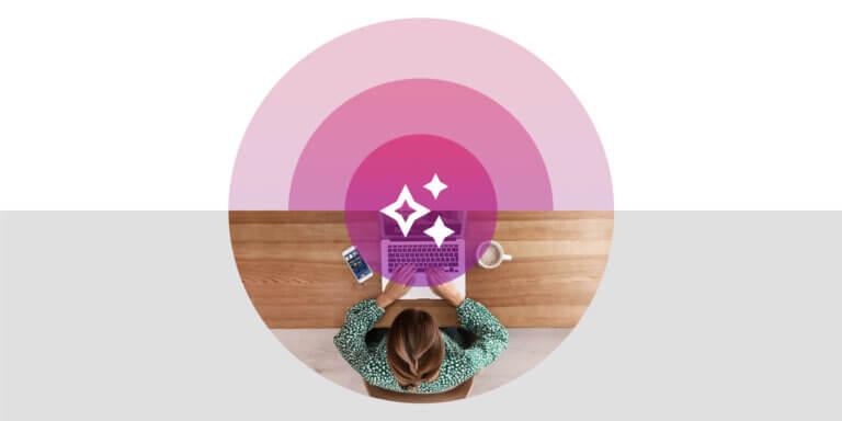 An image show the AI icon within purple circle in front of an image of a woman sitting in front of a desk with her laptop.
