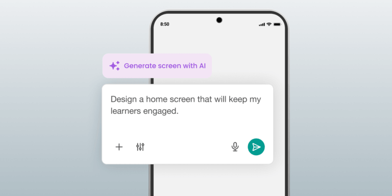 An image showing a mobile screen and an AI prompt inside the new LearnWorlds mobile App AI Builder.