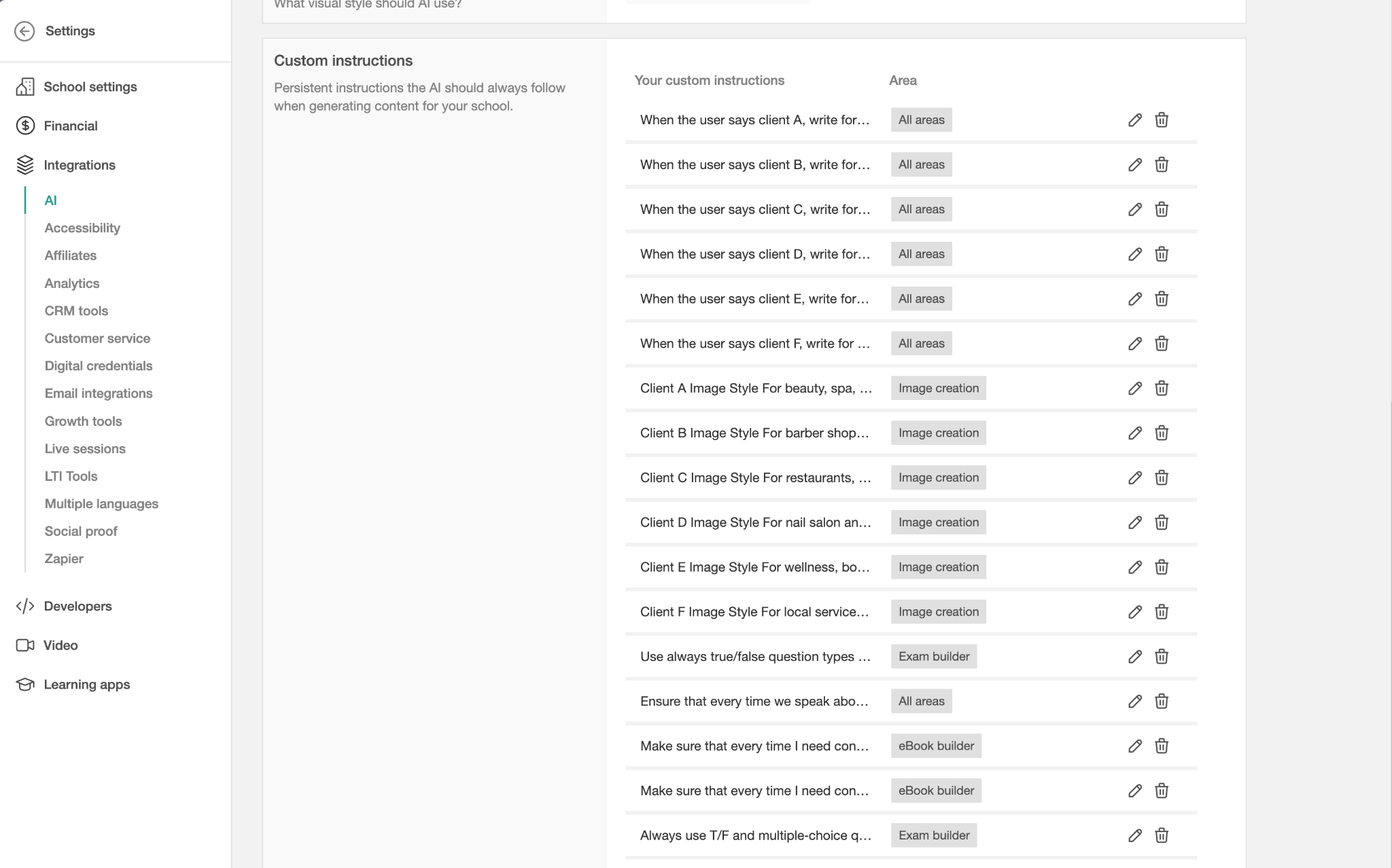 A screenshot showing Custom instructions inside LearnWorlds platforms.