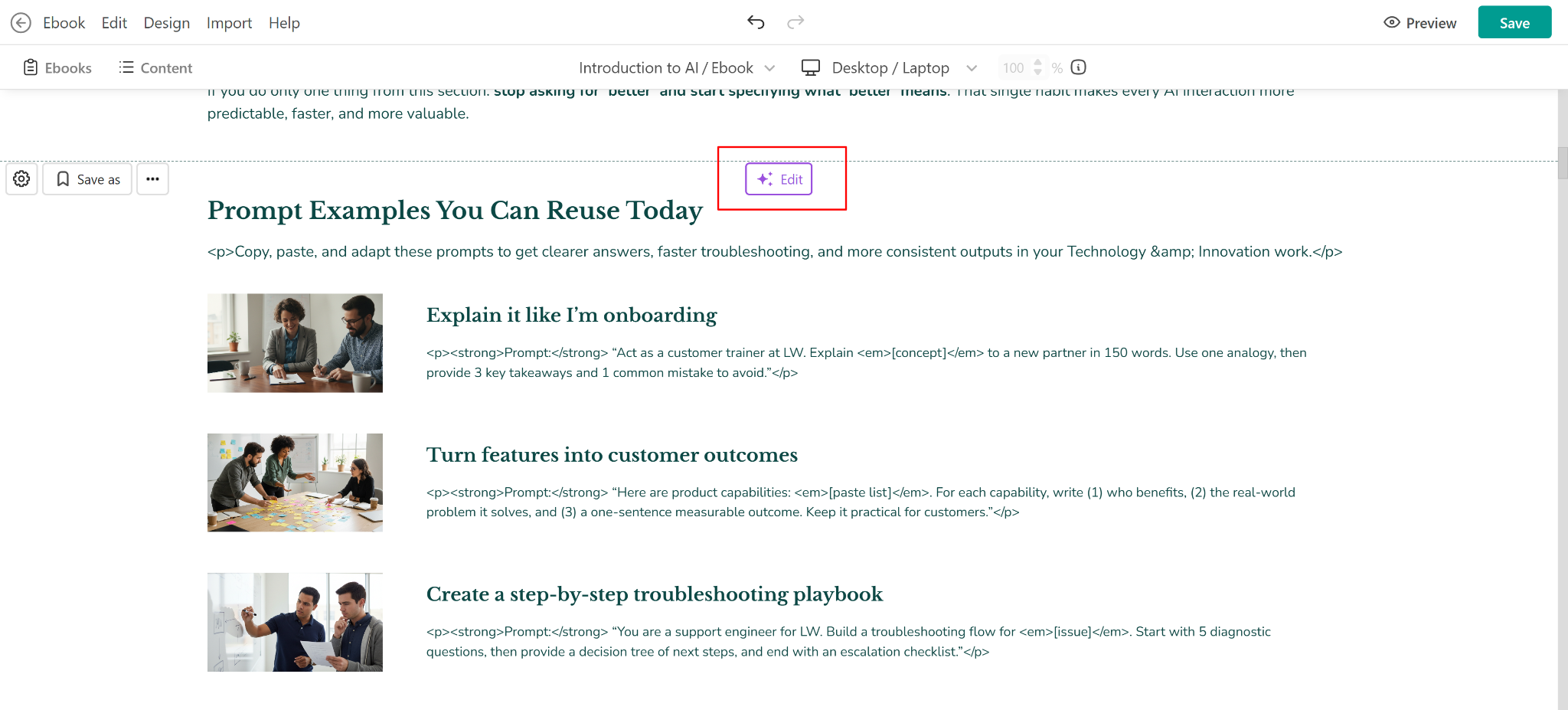 A screenshot showing the AI Edit icon in a course section inside LearnWorlds platform.