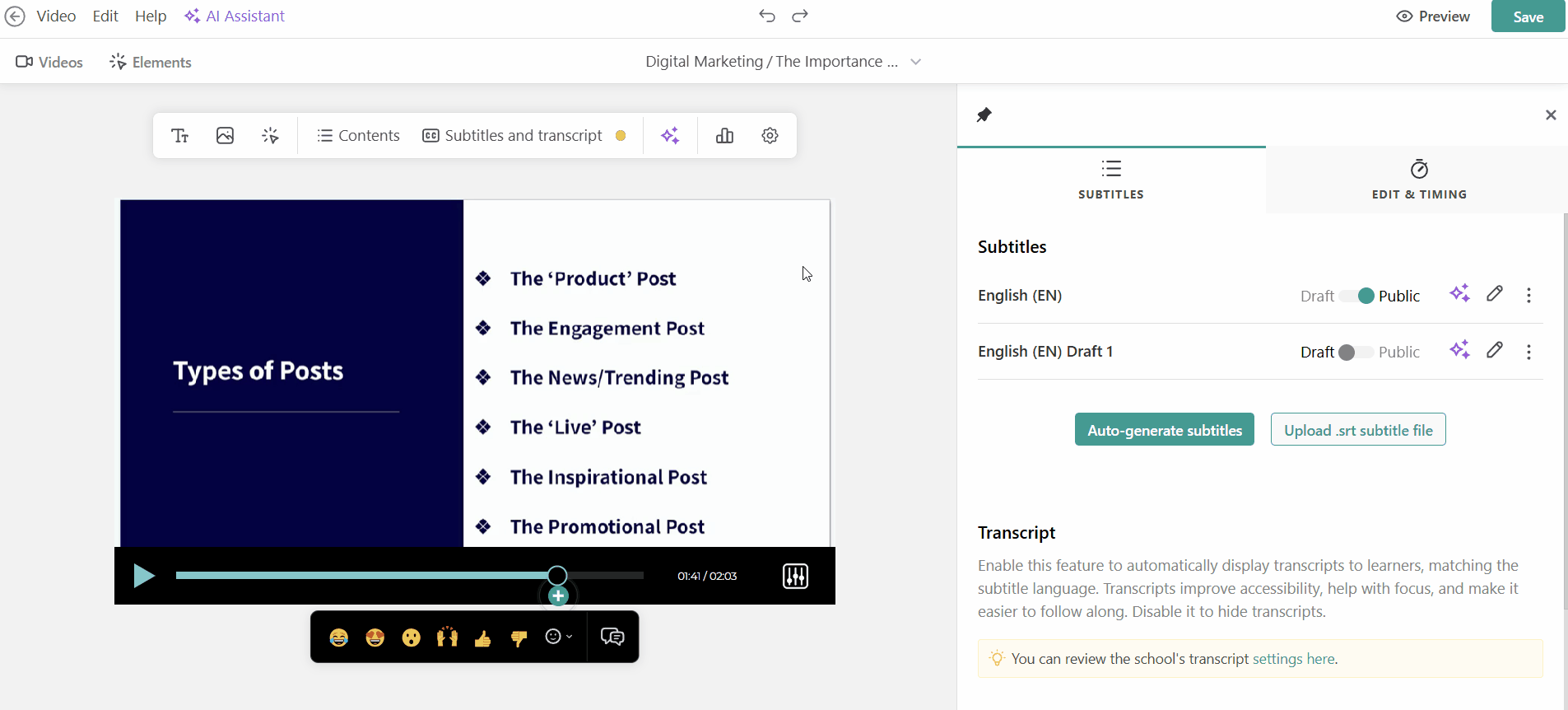 A screenshot showing a video course example with AI subtitles inside LearnWorlds.