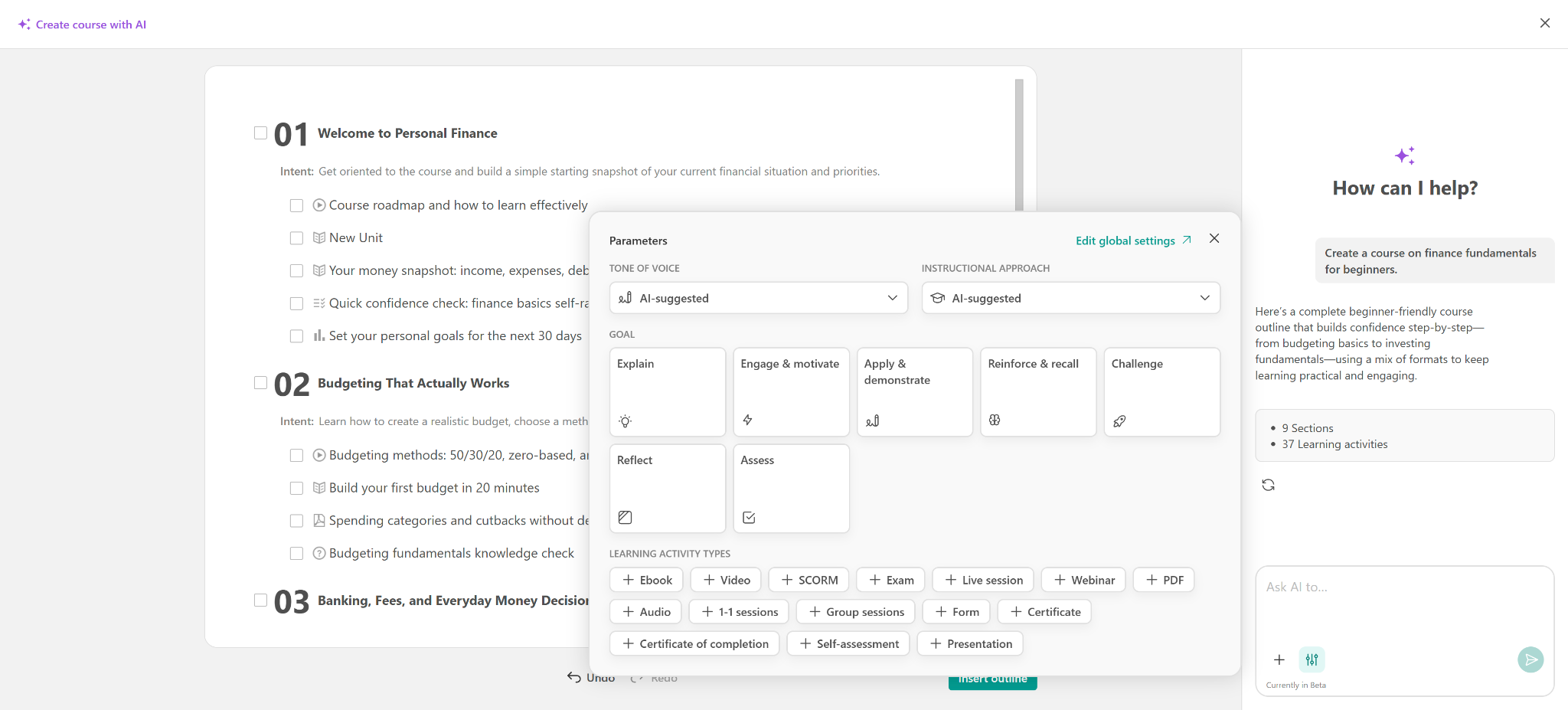 A screenshot showing the 'Create course with AI' settings inside LearnWorlds platform.