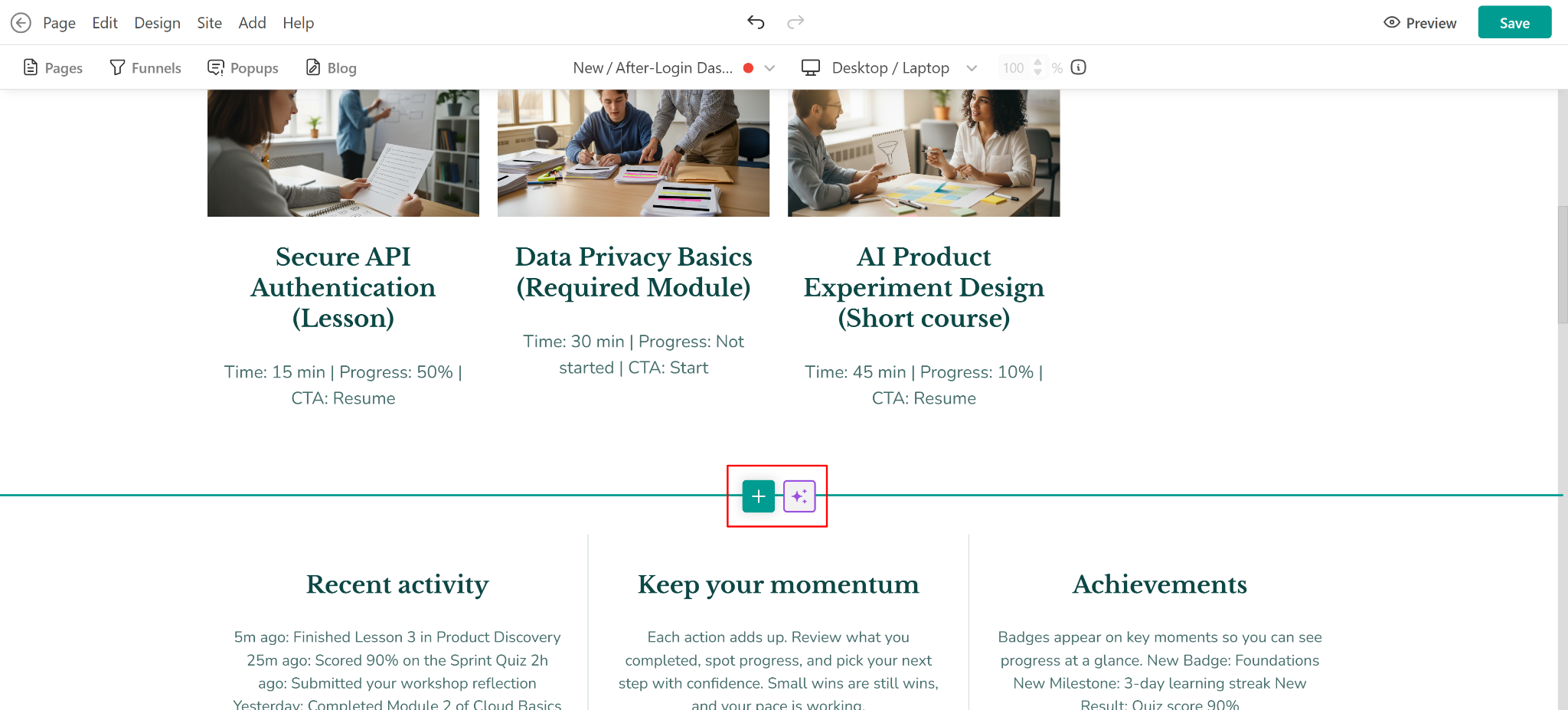 A screenshot showing 3 different course card examples and AI section additions inside LearnWorlds.