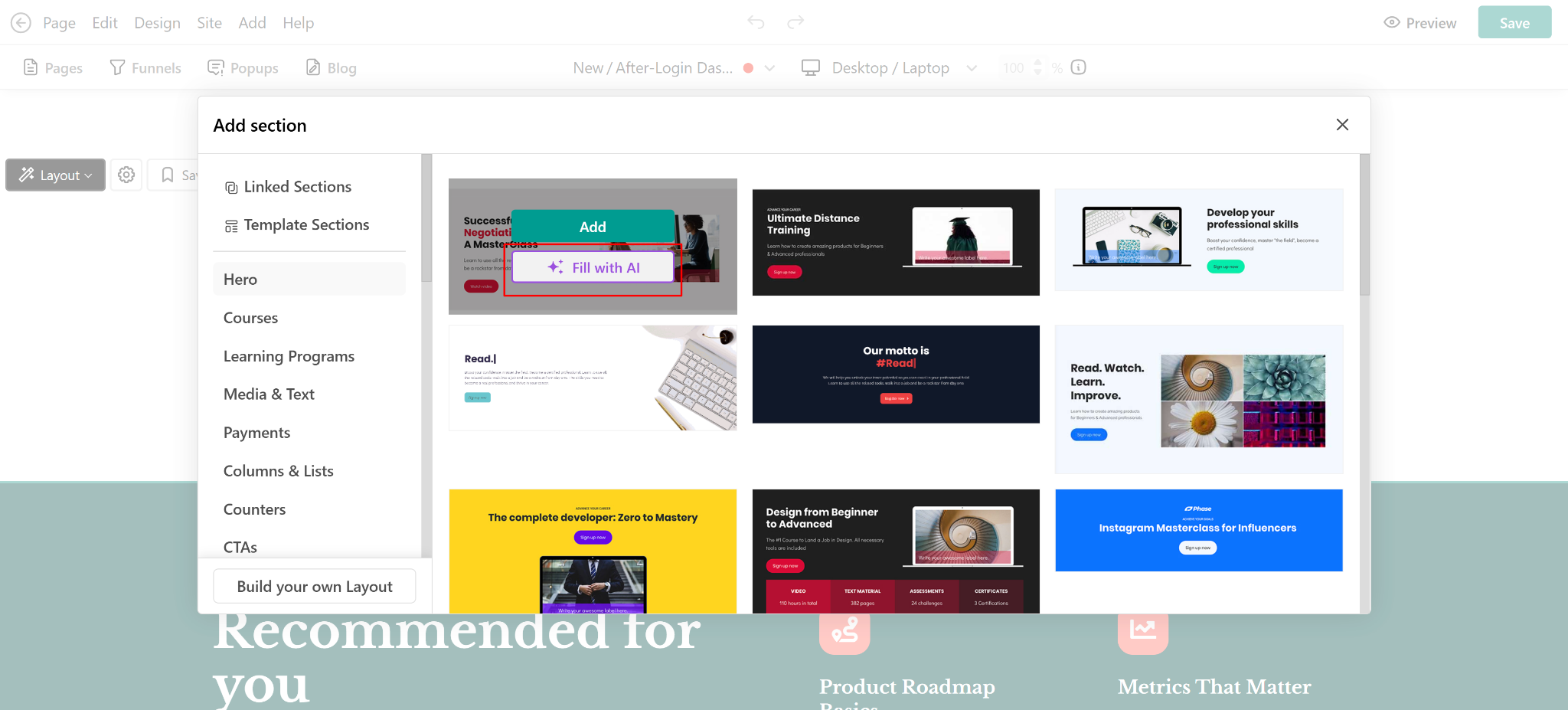 A screenshot showing the 'Add section' option inside LearnWorlds platform.