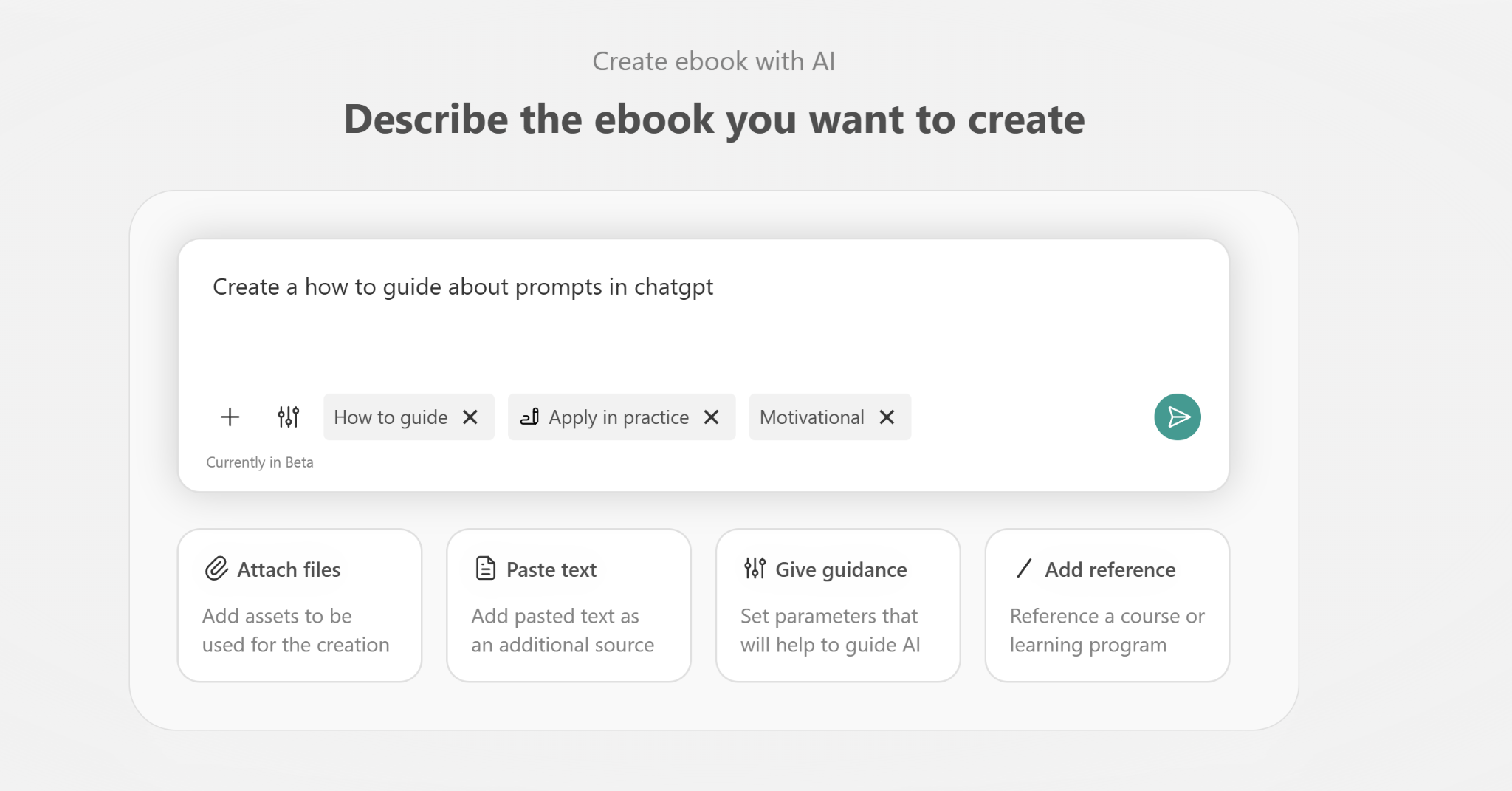 A screenshot showing the 'Create ebook with AI' tab inside LearnWorlds platform.