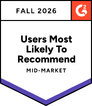 G2 Fall 2026 Users Most Likely To Recommend badge — LearnWorlds, Mid-Market
