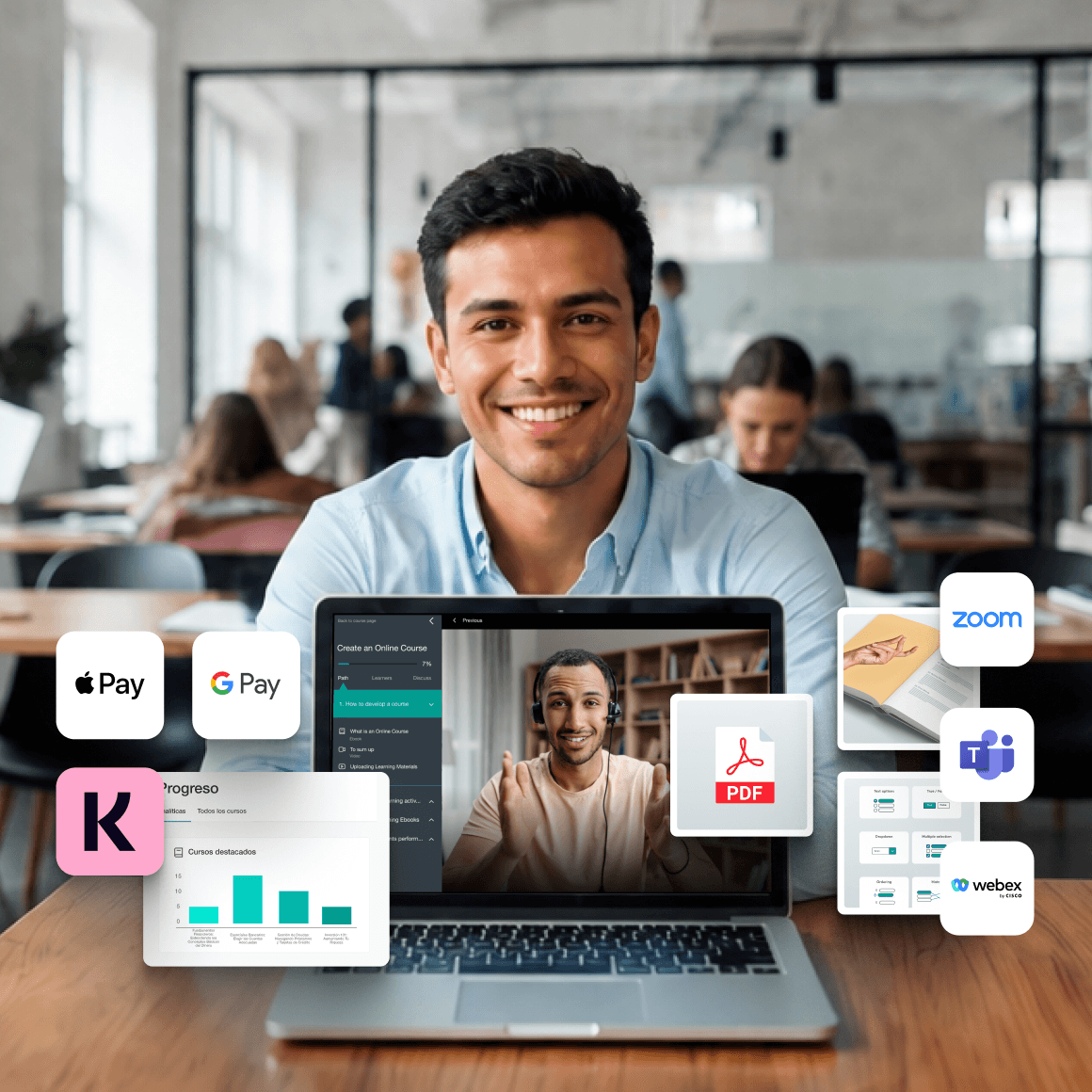 Person am Laptop mit einem LearnWorlds-Kurs, daneben Zoom, Teams, Webex und Zahlungsmethoden