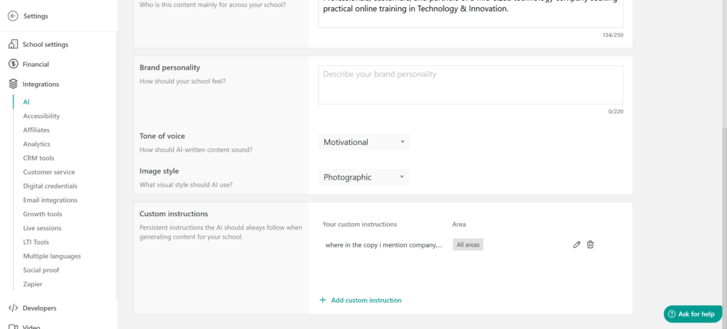A screenshot showing AI settings such as brand personality and tone of voice inside LearnWorlds platform.